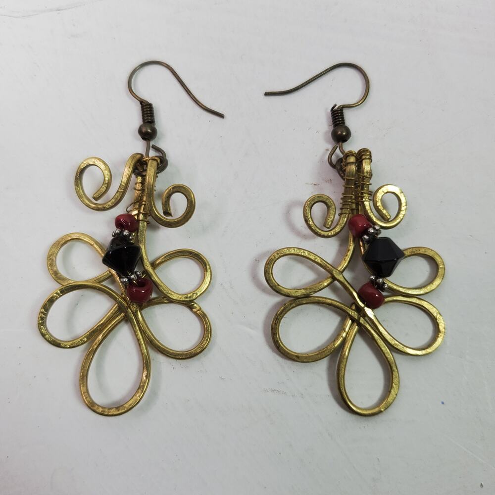 Vintage Handmade Earrings Gold Tone w/ Red Bead 2 Inch Drop